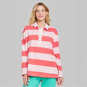 XXL coral and light pink striped rugby polo shirt with button collar